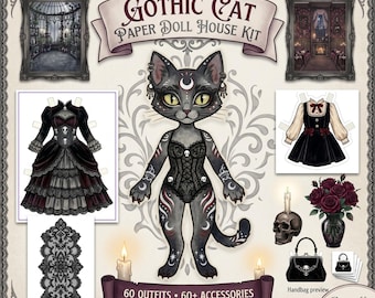 Afdrukbare papieren poppenhuiskit, Gothic Cat Paper Doll, 60 outfits, verkleedset, Halloween Paper Dolls, digitale download