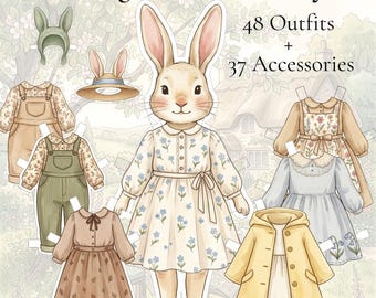 Utskrivbar pappersdocka med kanin i trädgården - 48 mixa och matcha outfits, kläddocka med Cottagecore, digital nedladdning, barn och vuxna