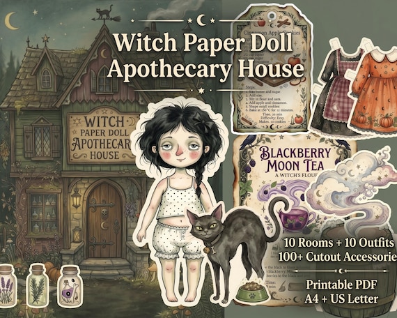 Apothecary Cabinet Printable, Witch Paper Doll House, 2 Dress Up Dolls, 10 Rooms, Halloween Quiet Book, Cut and Play PDF