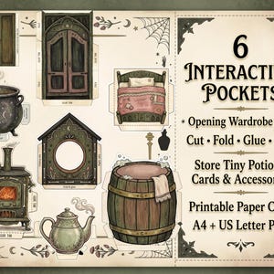 May include: A printable paper craft sheet featuring 6 interactive pockets including a cauldron, a wood stove, a bed, a barrel, a teapot, and wardrobe doors. The text reads 6 INTERACTIVE POCKETS, Opening Wardrobe Door, Cut, Fold, Glue, Play, Store Tiny Potions, Cards & Accessories, Printable Paper Craft, A4 + US Letter PDF.