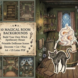 May include: A digital collection of 10 magical room backgrounds for a printable dollhouse, featuring a witch apothecary theme. The set includes various interior scenes, a wooden barrel with swirling smoke, and a black cat, formatted for A4 and US Letter.