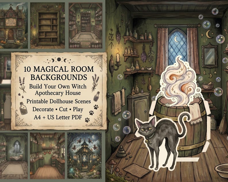 May include: A digital collection of 10 magical room backgrounds for a printable dollhouse, featuring a witch apothecary theme. The set includes various interior scenes, a wooden barrel with swirling smoke, and a black cat, formatted for A4 and US Letter.