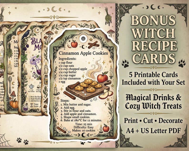 May include: A set of five printable recipe cards featuring a Cinnamon Apple Cookies recipe with ingredients, steps, and illustrations of apples, cinnamon sticks, and cookies. The text includes 'BONUS WITCH RECIPE CARDS' and 'Magical Drinks & Cozy Witch Treats'.