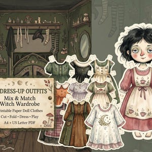 May include: A paper doll set featuring a character with black hair and a pink dress, accompanied by various outfits and accessories. The text reads: 10 DRESS-UP OUTFITS Mix & Match Witch Wardrobe Printable Paper Doll Clothes Cut Fold Dress Play A4 + US Letter PDF.