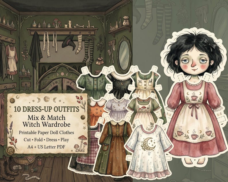 May include: A paper doll set featuring a character with black hair and a pink dress, accompanied by various outfits and accessories. The text reads: 10 DRESS-UP OUTFITS Mix & Match Witch Wardrobe Printable Paper Doll Clothes Cut Fold Dress Play A4 + US Letter PDF.