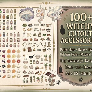 May include: A digital collection of 100+ witchy cutout accessories featuring potion jars, herbs, tea items, kitchen tools, and magical effects. The sheet includes various illustrations of berries, citrus slices, small animals, and household objects for print, cut, and decorate projects in A4 and US Letter PDF formats.