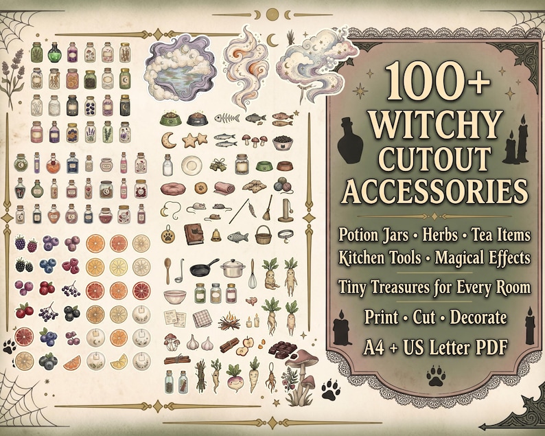 May include: A digital collection of 100+ witchy cutout accessories featuring potion jars, herbs, tea items, kitchen tools, and magical effects. The sheet includes various illustrations of berries, citrus slices, small animals, and household objects for print, cut, and decorate projects in A4 and US Letter PDF formats.