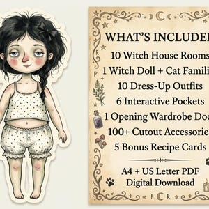Apothecary Cabinet Printable, Witch Paper Doll House, 2 Dress Up Dolls, 10 Rooms, Halloween Quiet Book, Cut and Play PDF image 9