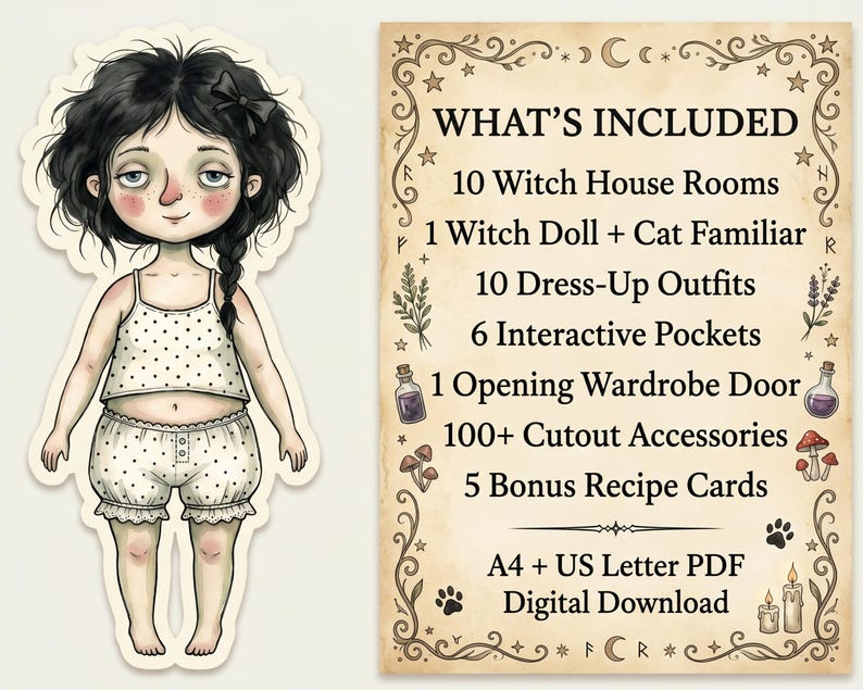 Apothecary Cabinet Printable, Witch Paper Doll House, 2 Dress Up Dolls, 10 Rooms, Halloween Quiet Book, Cut and Play PDF image 9