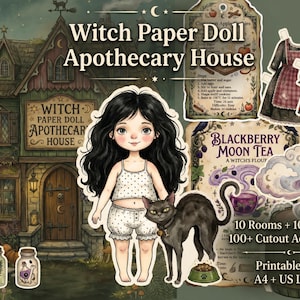 May include: A Witch Paper Doll Apothecary House printable PDF set featuring a central paper doll with long black hair, a black cat, various outfits, and accessories. The image includes text labels like Witch Paper Doll Apothecary House, Blackberry Moon Tea, and 100+ Cutout Accessories, presented in a whimsical, illustrated style.