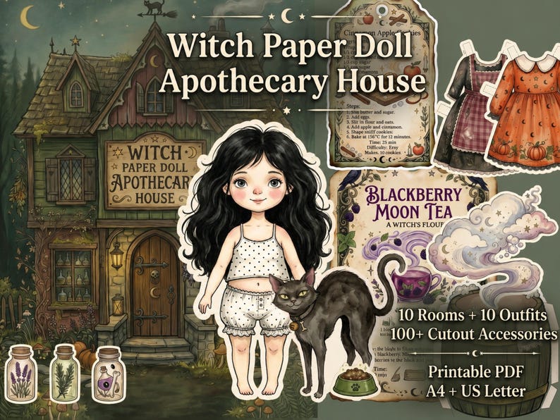 May include: A Witch Paper Doll Apothecary House printable PDF set featuring a central paper doll with long black hair, a black cat, various outfits, and accessories. The image includes text labels like Witch Paper Doll Apothecary House, Blackberry Moon Tea, and 100+ Cutout Accessories, presented in a whimsical, illustrated style.