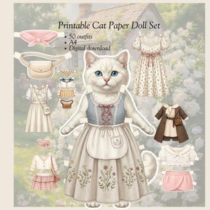 Cottagecore Cat Paper Doll Printable, 50 Mix  Match Outfits, Cat Dress Up Doll, Kids & Adults Activity, Digital Download PDF