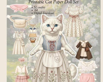 Conjunto de disfraces de gato para muñecas de papel imprimibles, 50 conjuntos de ropa para muñecas de papel, PDF imprimible de muñecas de papel de gato, actividad infantil estilo cottagecore, descarga digital.