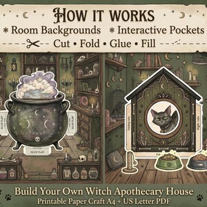 Apothecary Cabinet Printable, Witch Paper Doll House, 2 Dress Up Dolls, 10 Rooms, Halloween Quiet Book, Cut and Play PDF image 7