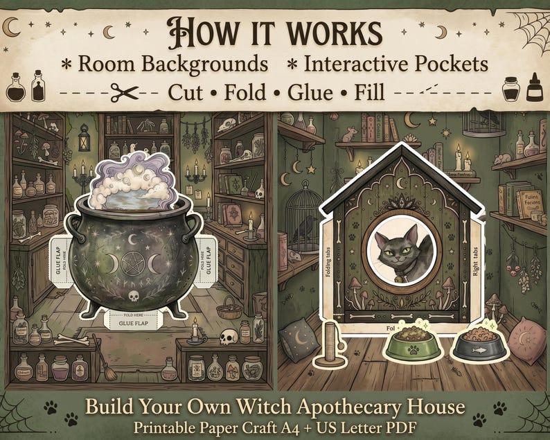 Apothecary Cabinet Printable, Witch Paper Doll House, 2 Dress Up Dolls, 10 Rooms, Halloween Quiet Book, Cut and Play PDF image 7