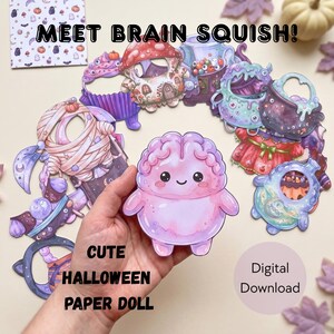 Printbare Halloween-papierenpoppen, Brain Squish aankleedset met 30 outfits, schattige Halloween-activiteit