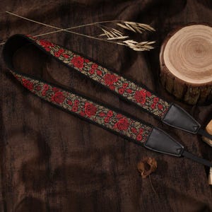 Red Floral Camera Strap, Vintage Embroidered Camera Shoulder Strap, Rose Pattern DSLR Strap,  Unique Gift for Photographer