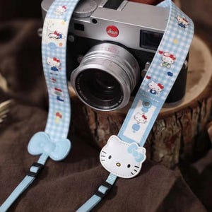 Blue Gingham Camera Strap, Cute Cartoon DSLR Neck Strap, Adjustable Mirrorless Instant Film Camera Shoulder Strap, Photographer Gift