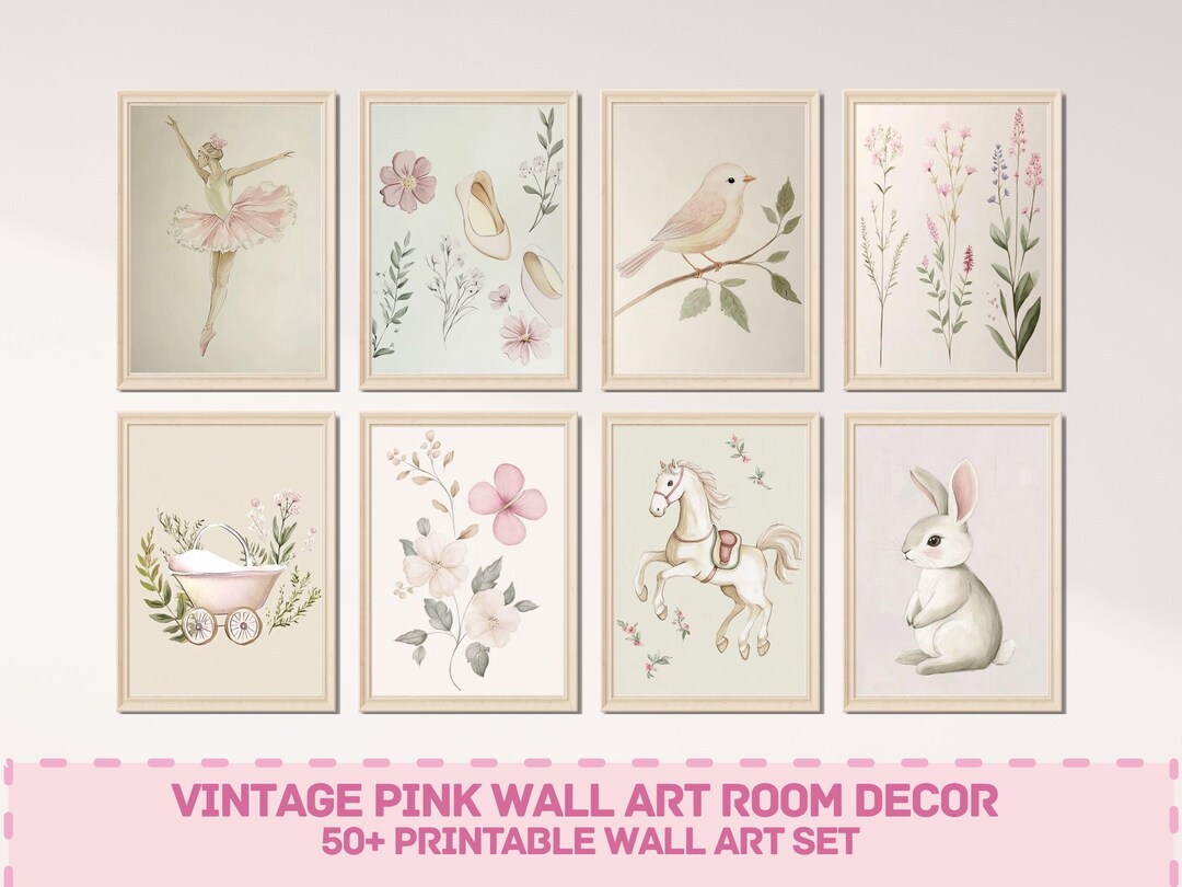 50+ Pink Vintage Wall Art Bundle, Printable Girls Room Decor, Nursery ...