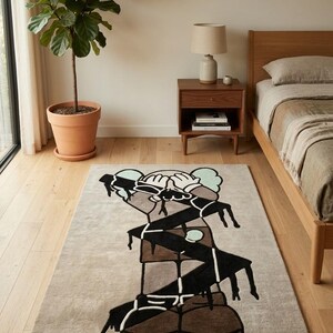 Modern abstract character area rug beside a wooden bed, luxury hand tufted wool carpet adding artistic charm to a minimalist bedroom.