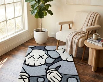 Large KAWS Inspired Area Rug, Black and White Cartoon Character Carpet, Street Art Floor Rug, costom size carpet 5x8 8x10 9x12 12x18