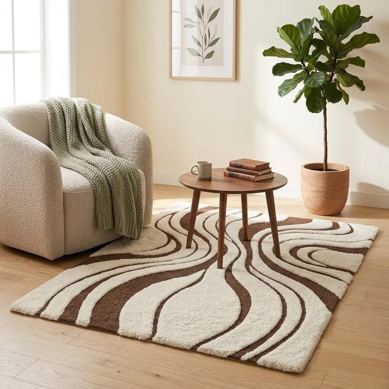Hand Tufted Abstract Swirl Area Rug, Modern Cream Brown Wool Carpet ...