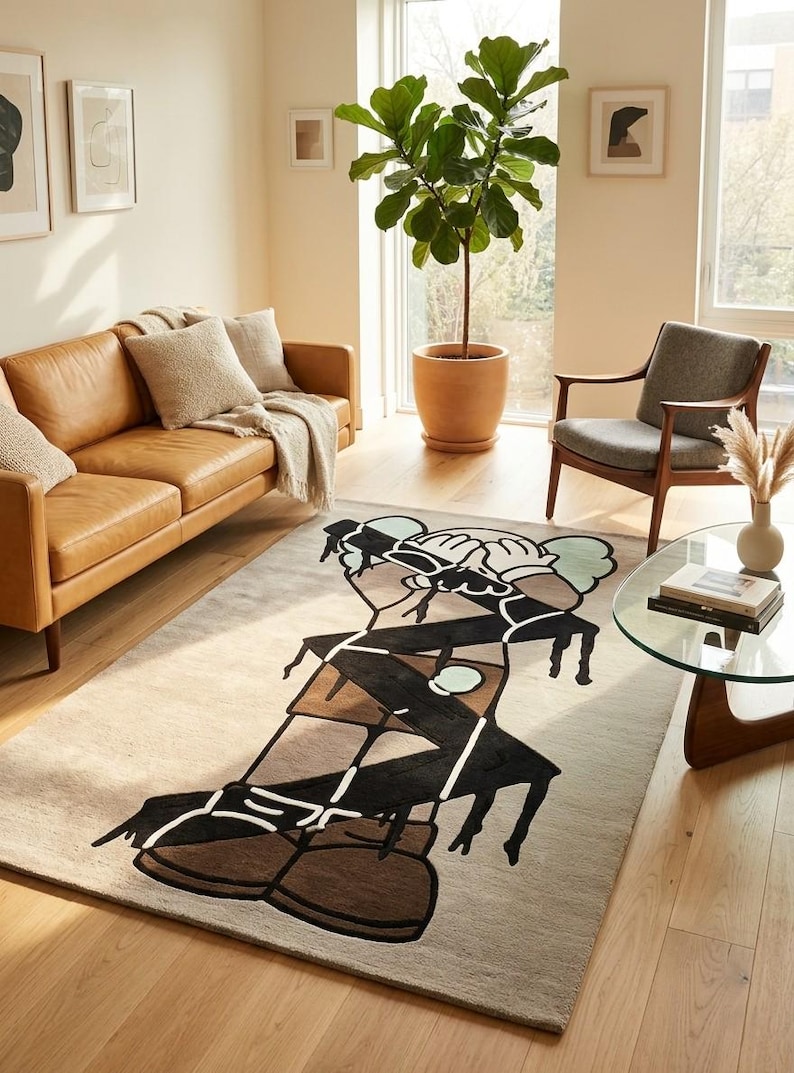 Luxury hand tufted wool area rug styled in a modern living room with leather sofa, contemporary furniture, and minimalist home decor.