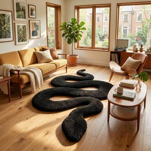 Puede incluir: Un salón con un sofá mostaza, muebles de madera y una gran alfombra negra con forma de serpiente. La habitación cuenta con grandes ventanales, obras de arte enmarcadas y una planta en maceta, creando un ambiente acogedor y elegante.