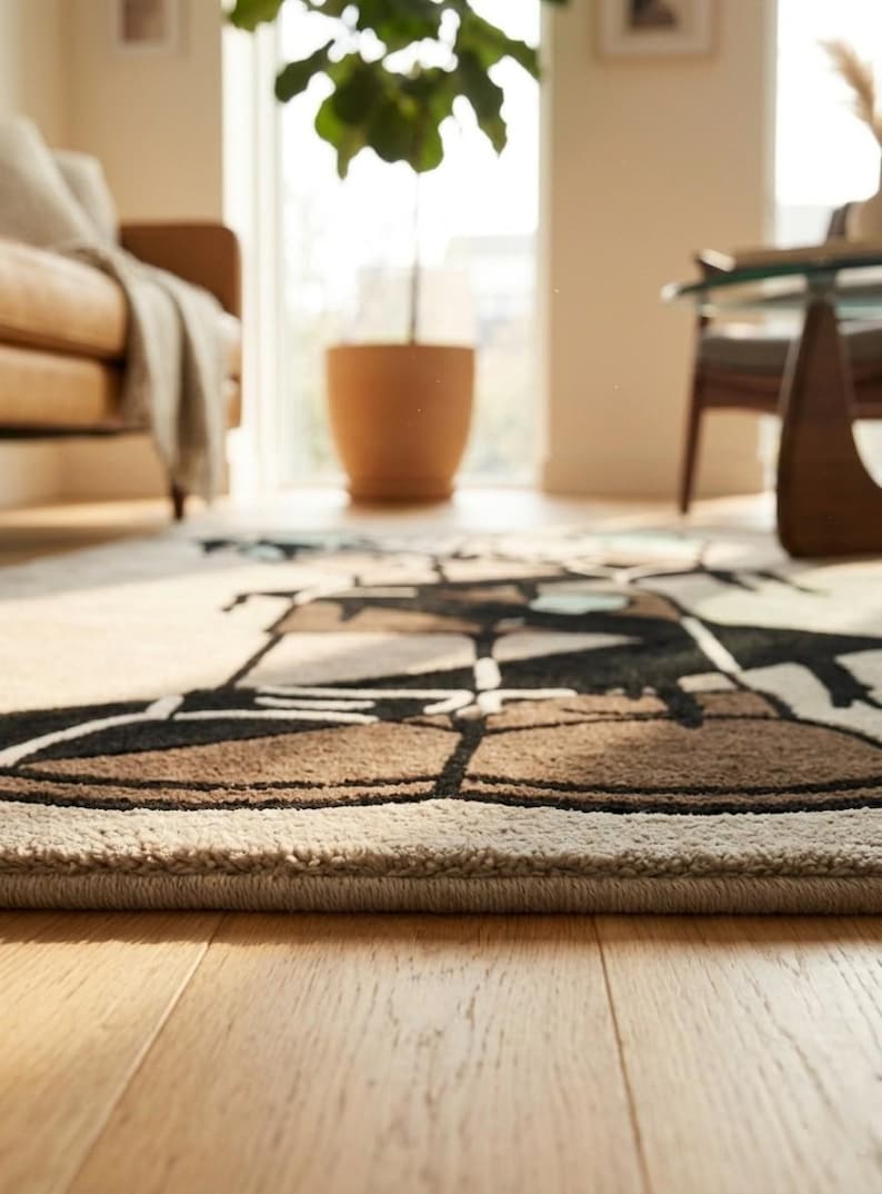 Close-up of premium hand tufted wool rug showing dense plush pile, detailed craftsmanship, soft texture, and high-quality finishing.