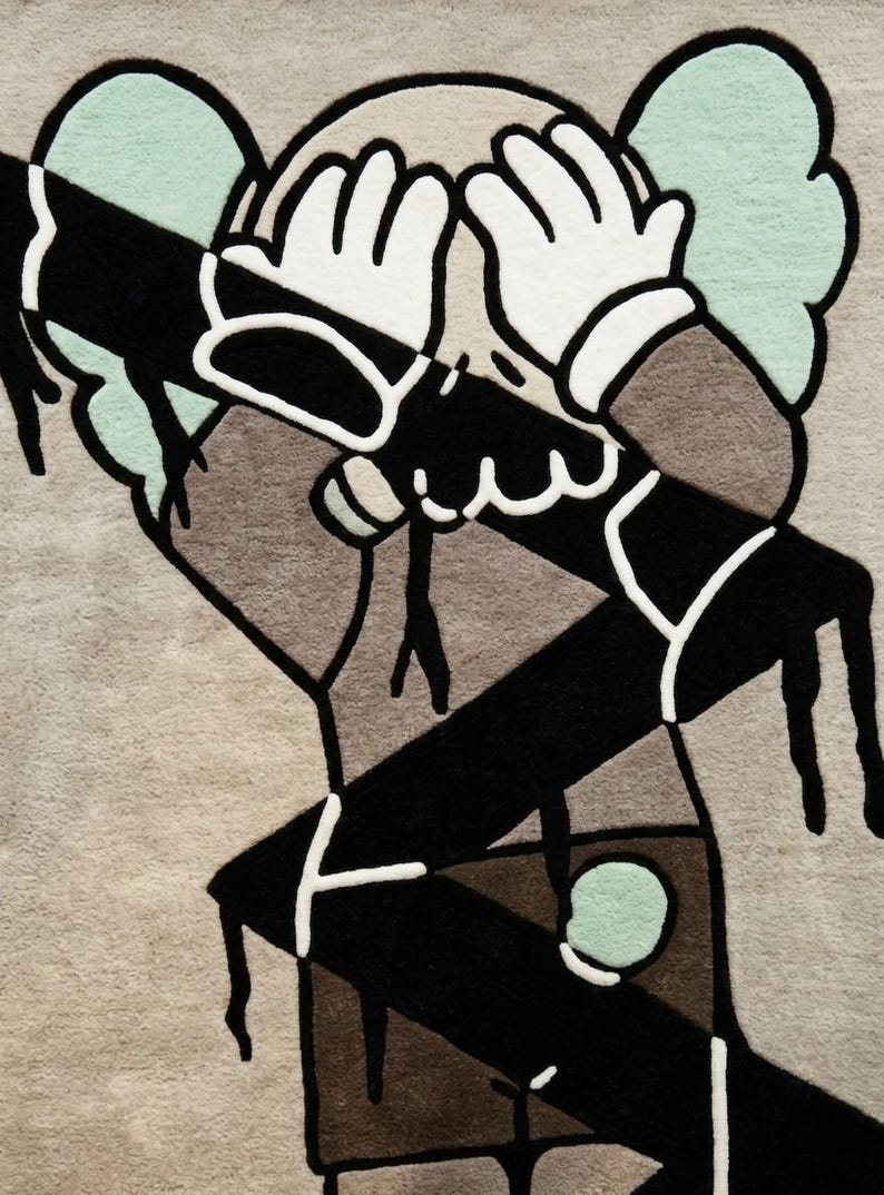 Detailed view of artistic character rug highlighting clean tufting lines, textured wool fibers, and modern street art inspired design