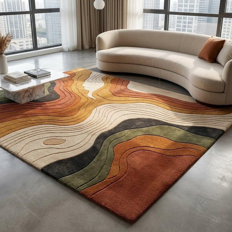 Topography Rug Pattern Abstract Topographic Wool, Terracotta Olive Modern Area, Hand Tufted ...
