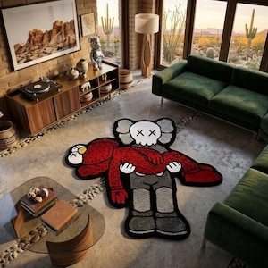 Alfombra roja con diseño de personaje de dibujos animados, alfombra estilo Kaws de arte callejero, alfombra gráfica, alfombra moderna de lana hecha a mano, alfombra de tamaño personalizado 5x8 8x10 9x12 12x18
