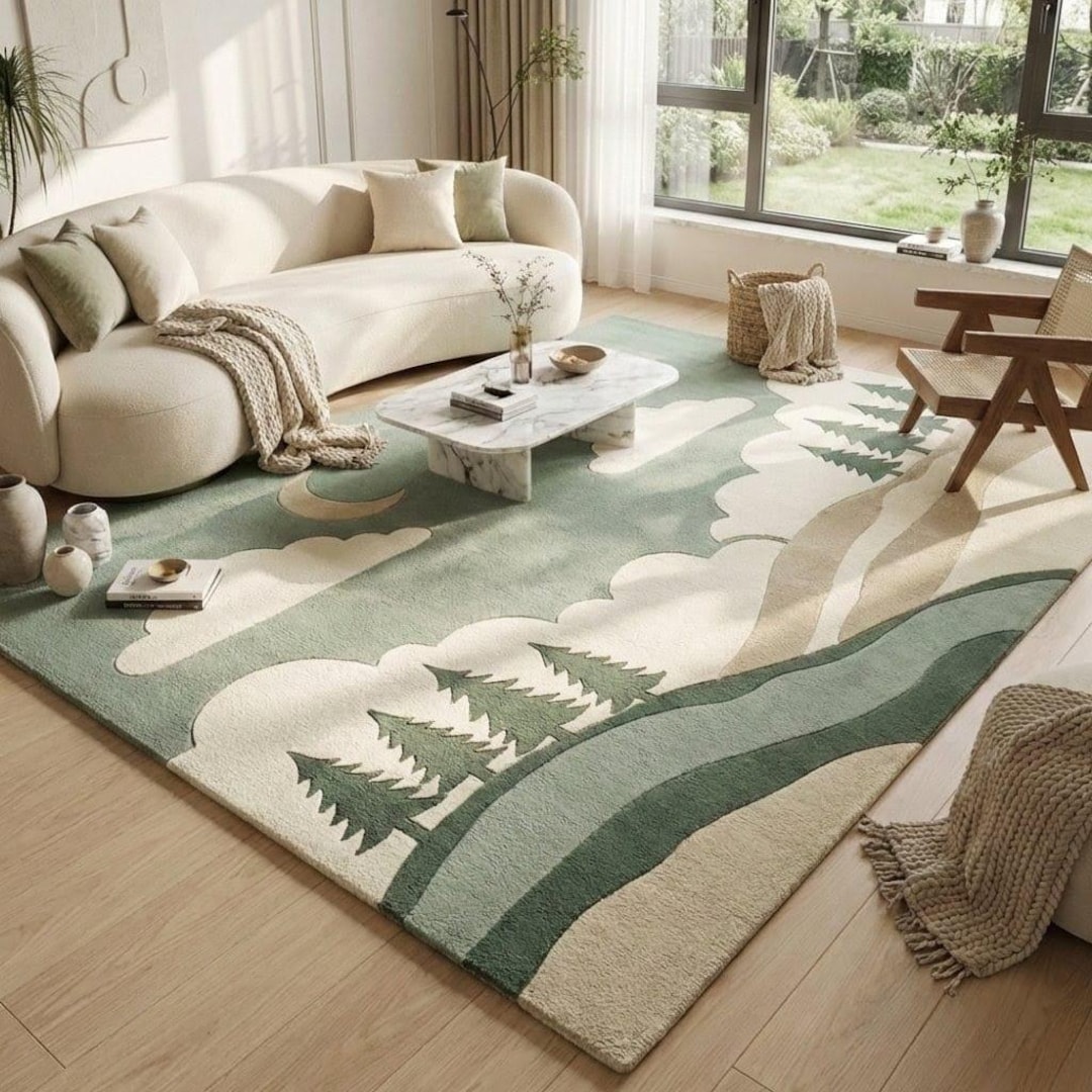 Hand Tufted Nature Area Rug, Green Forest Landscape Wool Rug
