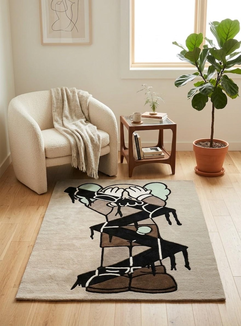 Abstract character wool rug in a cozy reading nook, designer statement carpet complementing Scandinavian-inspired interior decor.