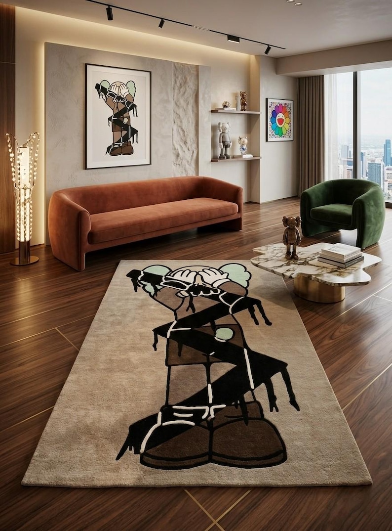 Contemporary hand tufted area rug featured in a luxury apartment living space, artistic floor decor with modern gallery-inspired aesthetic.