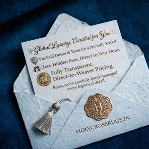 May include: A light blue envelope with a card that reads "Global Luxury, Curated for You." The card also states "Pre-Paid Duties & Taxes for a Smooth Arrival." A silver tassel hangs from the envelope. A gold seal with the letter "H" is also visible.