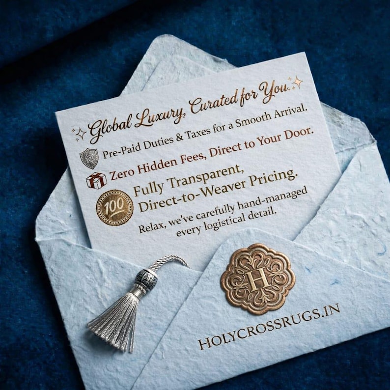 May include: A light blue envelope with a card that reads "Global Luxury, Curated for You." The card also states "Pre-Paid Duties & Taxes for a Smooth Arrival." A silver tassel hangs from the envelope. A gold seal with the letter "H" is also visible.