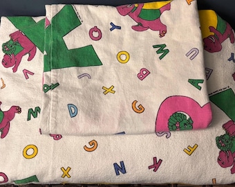 Vintage 1993 Barney & Baby Bop Alphabet Twin Sheet Set Flat Fitted Sheet Pillowcase