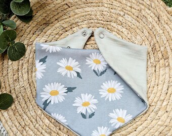 Merino wool, cotton and rib jersey scarf for children, babies, and adults; summer triangle scarf; wool, mint, daisies, pastel green