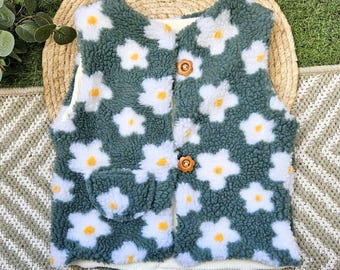 Chaleco reversible para niños con estampado de flores, margaritas, osito de peluche y pana. Tallas 44-128. Chaleco floral, chaleco de osito de peluche para bebé, chaleco de pana, crema/menta.