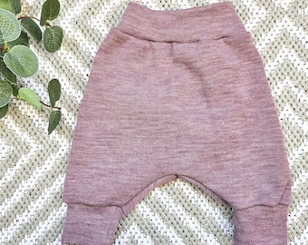 Baby Merino Wool Harem Pants, Sizes 44-92, Handmade Merino Knit, Premature Baby Wool Pants, Mauve, Old Rose, Birth Pants