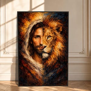 Jesus and Lion Split Face Canvas, Spiritual Wall Art, Christian Lion of Judah Painting, Inspirational Religious Artwork, Bold Home