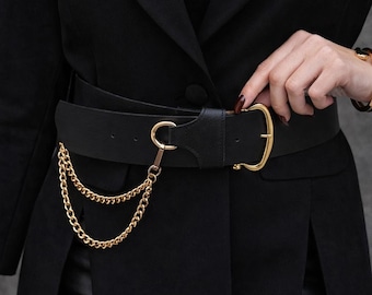 Black Leather Chain Belt, Gold Accent, Minimalist Statement Waist Accessory