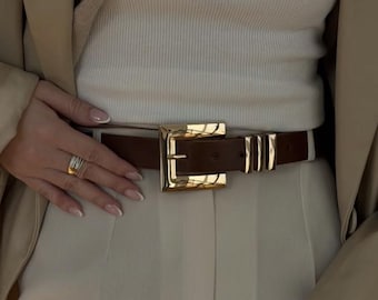 Customizable Leather Belt for Women with Statement Triple Gold Loop Detail, Gold Geometric Buckle Waist Belt, Gift for Her