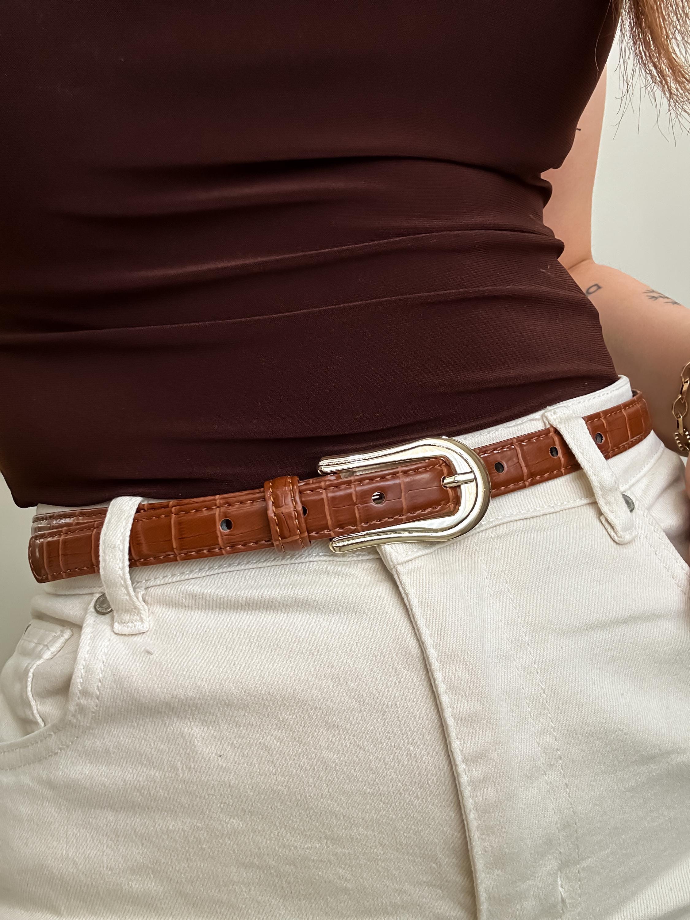 Womens Brown Crocodile Embossed Leather Belt - Etsy display picture 3