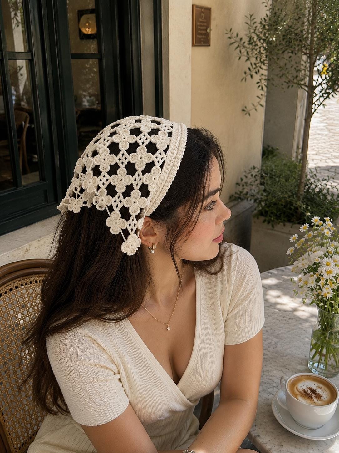 Handmade Crochet Metal Headband Scarf, Floral Hair Scarf, Boho Crochet Bandana, Cottagecore Hair Accessory, Cotton Blend