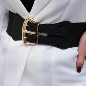 Black or White Stretchy Statement Belt with Gold or Silver Circular Metal Buckle 61hdToBaFxL._AC_UY350_.jpg main image 2