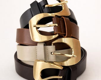 PU Leather Women’s Belt, Gold Crescent Buckle Belt, Minimalist Waist Belt, Thin Black Belt for Jeans, Adjustable Fashion Belt, Gift for Her