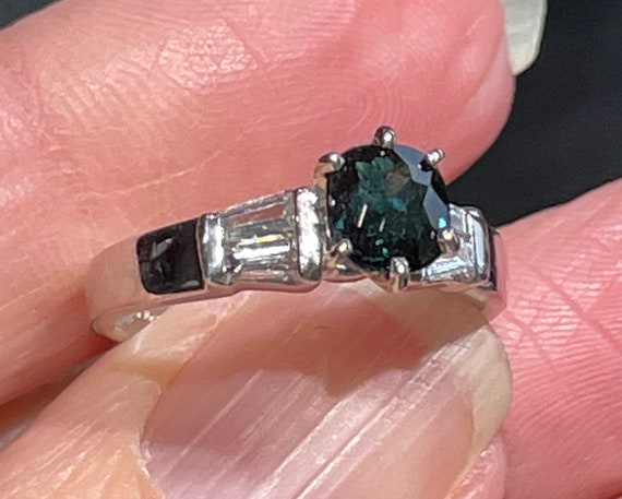 Green Sapphire and baguette diamonds Platinum Wed… - image 5