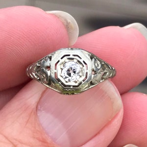 Art Deco Antique 18KT white gold Old European Cut Diamond  Filigree Ring  Engagement Ring